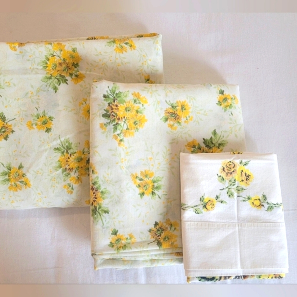 Vintage DBL Sz 3pc Bedding Set. Sunflowers Motif, Sears, 50/50 Blend - Picture 14 of 15